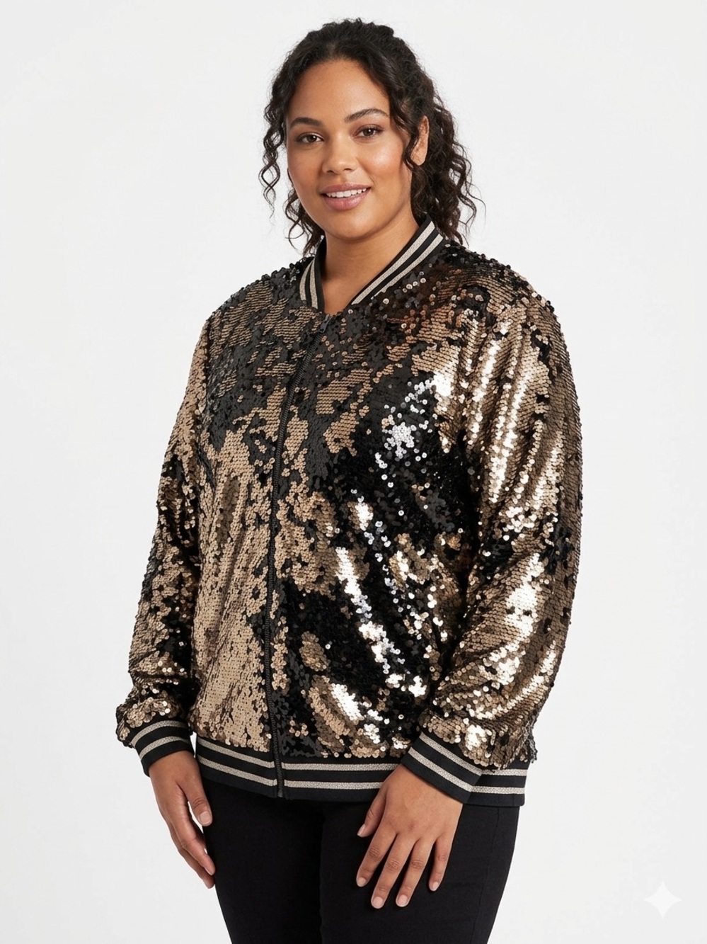 Torrid Reversible Sequin Bomber Jacket Black Gold Plus Size 2